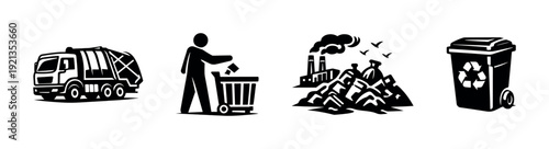 Waste management vector icons set: recycling, garbage, eco-friendly symbols