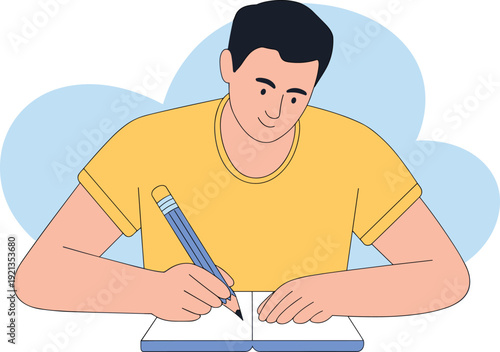 Man in yellow shirt writing diligently in book with blue pencil on cloud shape background