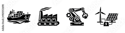 Industrial and energy vector icons set: transportation, manufacturing, automation