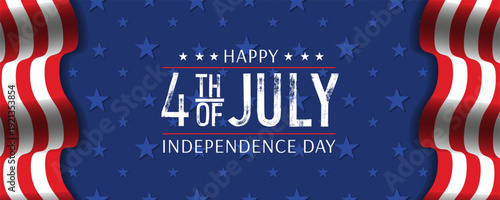 Happy Independence day horizontal banner. Brush, marker drawn text on American patriotic background. Perfect for 4th July celebration