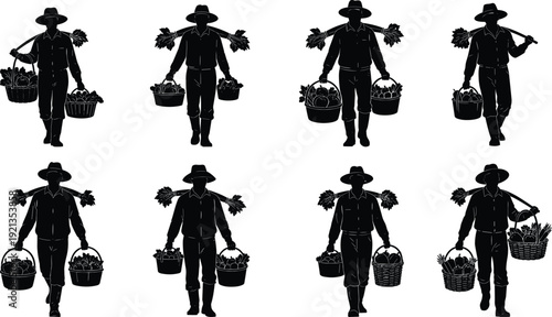 Black vector silhouette set of male farmers carrying heavy baskets of fresh harvested crops for agriculture organic food production and rural market branding