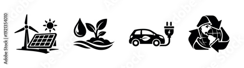 Eco energy vector icons set: renewable, sustainability symbols, environmental graphics