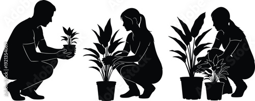 Black vector silhouette of people crouching to care for indoor potted houseplants for home gardening horticulture apartment living and plant nursery branding