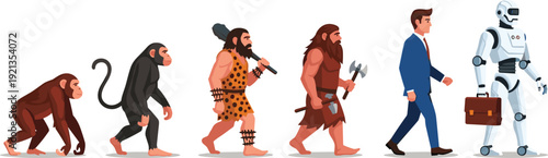 Human Evolution Scale from Primitive Ape and Caveman to Modern Businessman and Artificial Intelligence Robot with Briefcase for Technology and Future Progress Concepts
