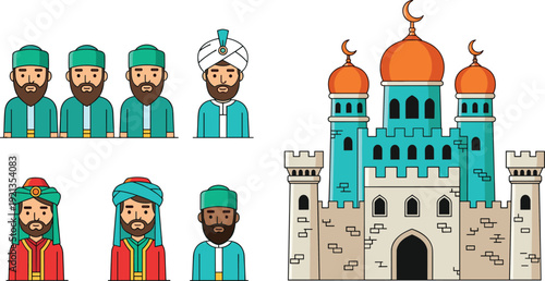 Middle Eastern palace silhouette icon set, cultural attire illustration, vector graphic, heritage architecture symbol, flat vector
