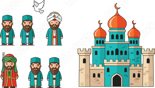 Middle Eastern culture silhouette icon set, palace mosque illustration, vector graphic, traditional heritage symbol, flat vector