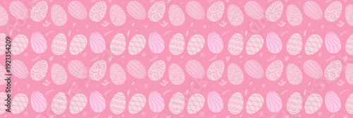 Seamless Easter egg pattern with decorative ornaments and floral elements in pink tones, vector illustration