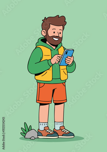 Cartoon Illustration of a Happy Bearded Man Using a Smartphone Outdoors