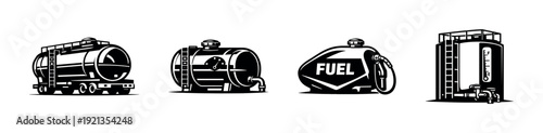 Industrial fuel container vector icons set. petroleum storage and oil tank symbols
