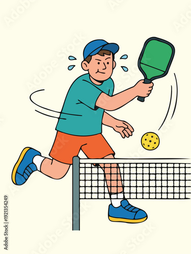 Cartoon illustration of a determined man playing pickleball on court