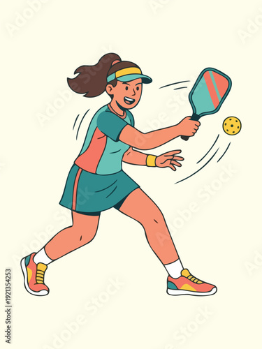 Young woman in sportswear playing pickleball with paddle and yellow ball