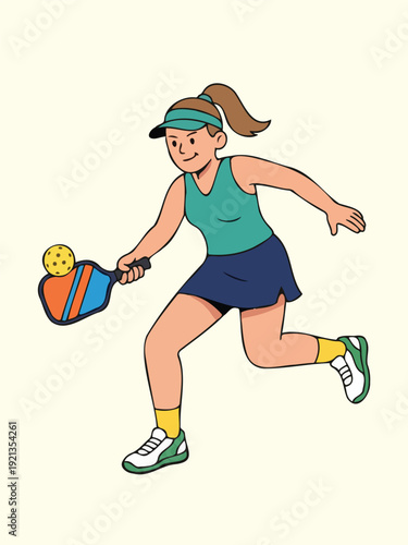 Female Athlete Playing Pickleball Sport with Paddle and Yellow Ball Illustration