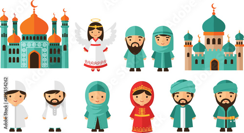 Islamic culture silhouette icon set, mosque tradition illustration, vector graphic, religious community symbol, flat vector
