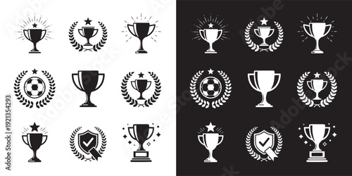 Trophy cup icon collection – silhouette vector illustration set black and white background