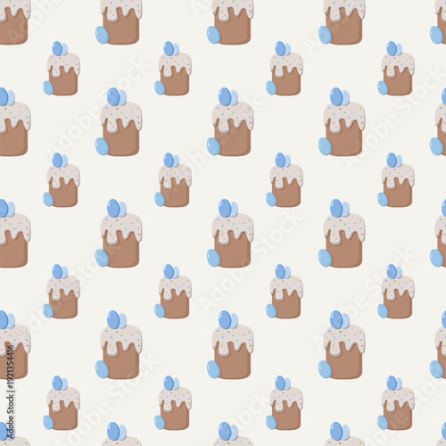Seamless repeating pattern of decorated Easter cakes with dripping icing, sprinkles, and blue eggs on top, festive grid design for wrapping paper, fabric, and seasonal decoration