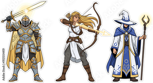 Fantasy warrior characters illustration, surreal medieval concept art with armored knight, agile archer, and mystical wizard, epic battle design for storytelling projects