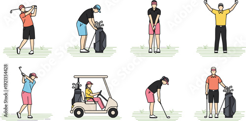 Golf sport silhouette icon set, player activity illustration, vector graphic, course equipment symbol, flat vector