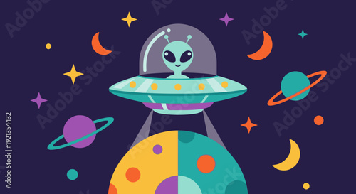 Alien in a spaceship flying through the galaxy with planets and stars.