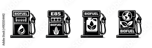 Biofuel gas pumps vector icons set - renewable energy symbols and eco-friendly designs