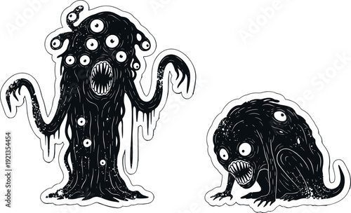 Grotesque monstrous creatures illustration, surreal horror fantasy concept art with gooey dripping texture, multi‑eyed alien figures, eerie nightmare design for dark projects