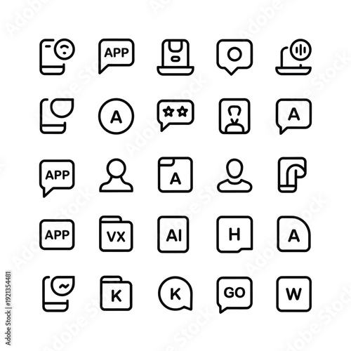 Collection of minimalist black line icons representing digital technology concepts