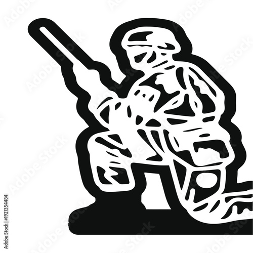 Black and white illustration of a soldier aiming a rifle