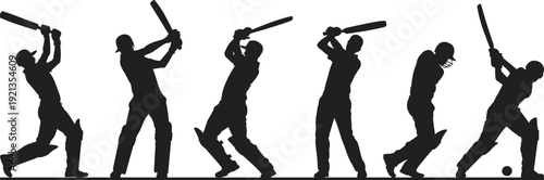 Cricket player silhouette set, batsman batting swing action black shadow sports illustration isolated athlete motion game design icons