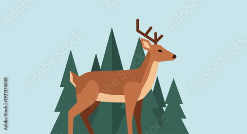 Brown deer with antlers standing in front of green pine trees on a light blue background serene forest scene