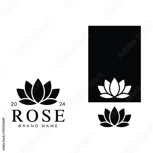 Minimalist logo design featuring black lotus flowers and rose typography