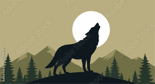 Wolf howling at full moon in forest landscape with mountains