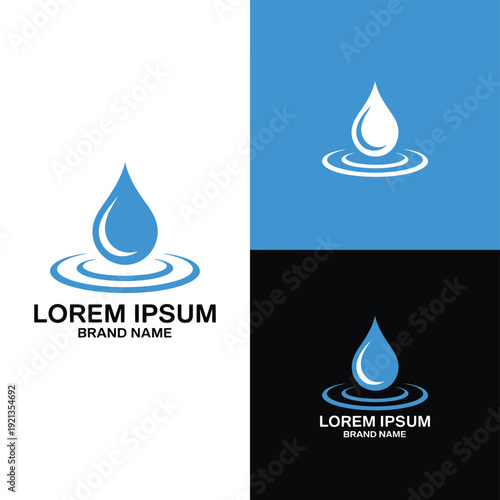 Water drop logo designs on white blue and black backgrounds