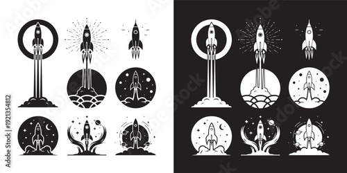 rocket launch icon set – vector silhouettes illustration collection black and white both of icon set 
