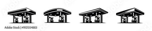 Gas station vector icons set. fuel pump symbols. black and white design elements