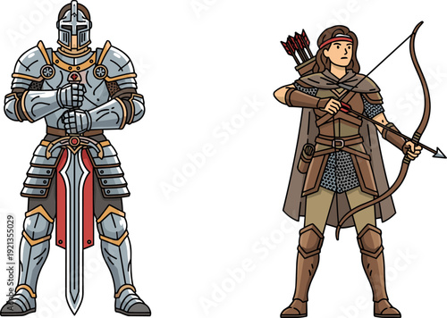 Medieval warrior characters illustration, surreal fantasy concept art with armored knight and agile archer, epic battle design for storytelling and creative projects