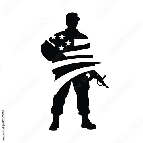 Silhouette of a soldier composed with the american flag imagery