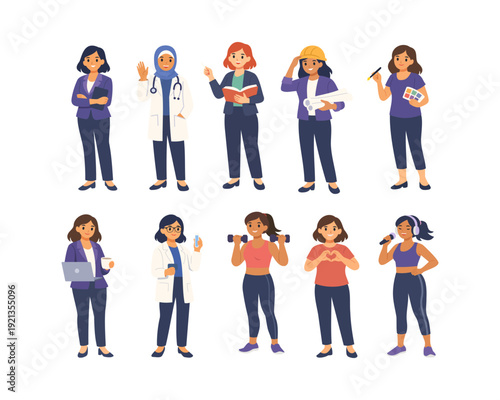Flat vector set of diverse professional women including doctor, engineer, teacher, scientist, artist, fitness trainer, singer and businesswoman. Concept of career diversity, empowerment and equality.