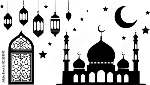 Black silhouette Islamic mosque with crescent moon lanterns and stars white background