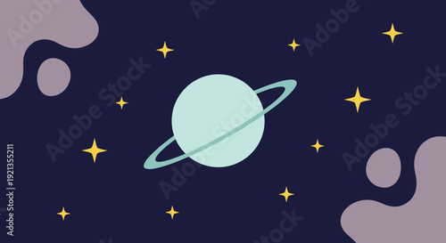 Stylized illustration of a planet with rings in outer space.