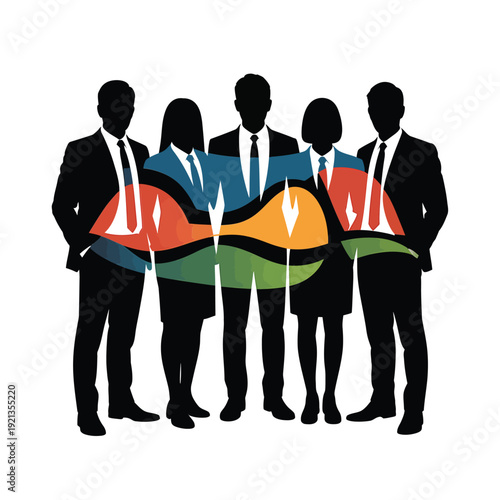 Silhouettes of business people with a colorful abstract african pattern overlay