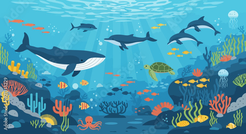 Vibrant underwater scene with diverse marine life and coral reef.