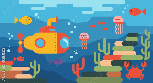 Vibrant underwater scene with cartoon submarine and marine life.