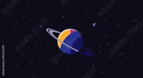 Colorful planet with ring and moon in outer space.