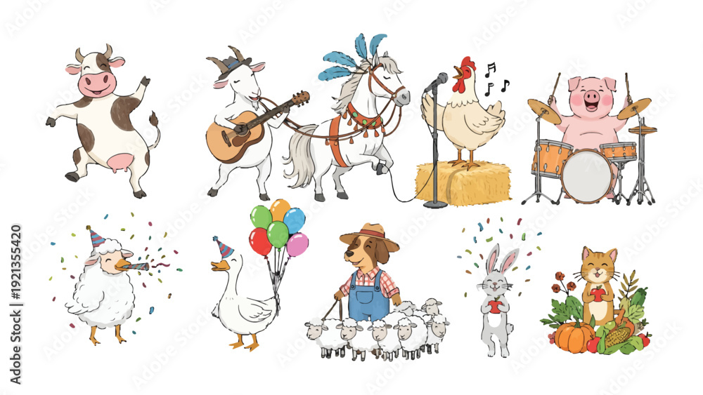 Fototapeta premium Farm Animal Celebrations: A lively ensemble of cheerful farm animals engaging in a jubilant celebration. Each character embodies joy and camaraderie, offering a visual symphony of festivity.