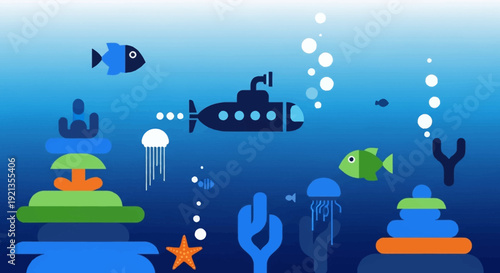 Underwater Scene with Submarine and Marine Life.