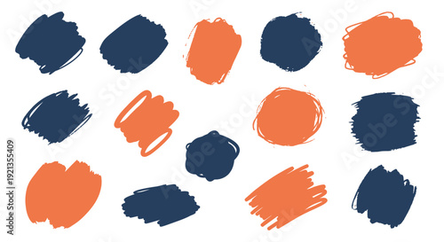 Abstract brush strokes in orange and navy blue on white background.
