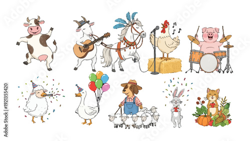 Farm Animal Celebrations: A lively ensemble of cheerful farm animals engaging in a jubilant celebration. Each character embodies joy and camaraderie, offering a visual symphony of festivity.