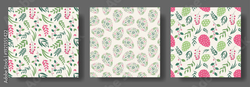 Floral Easter Seamless Pattern Set with Abstract Eggs, Flowers, Leaves. Seamless Pattern Background with Simple Botanical elements and Easter eggs. Vector Illustration Template for Holiday.