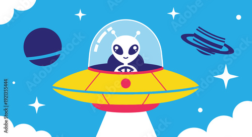 Alien in a UFO flying through outer space with stars and planets.