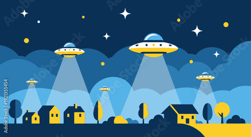UFOs hovering above houses in a serene night sky.