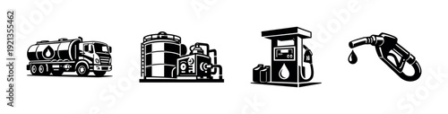 Fuel energy vector icons set, gas station symbols, petroleum industry elements